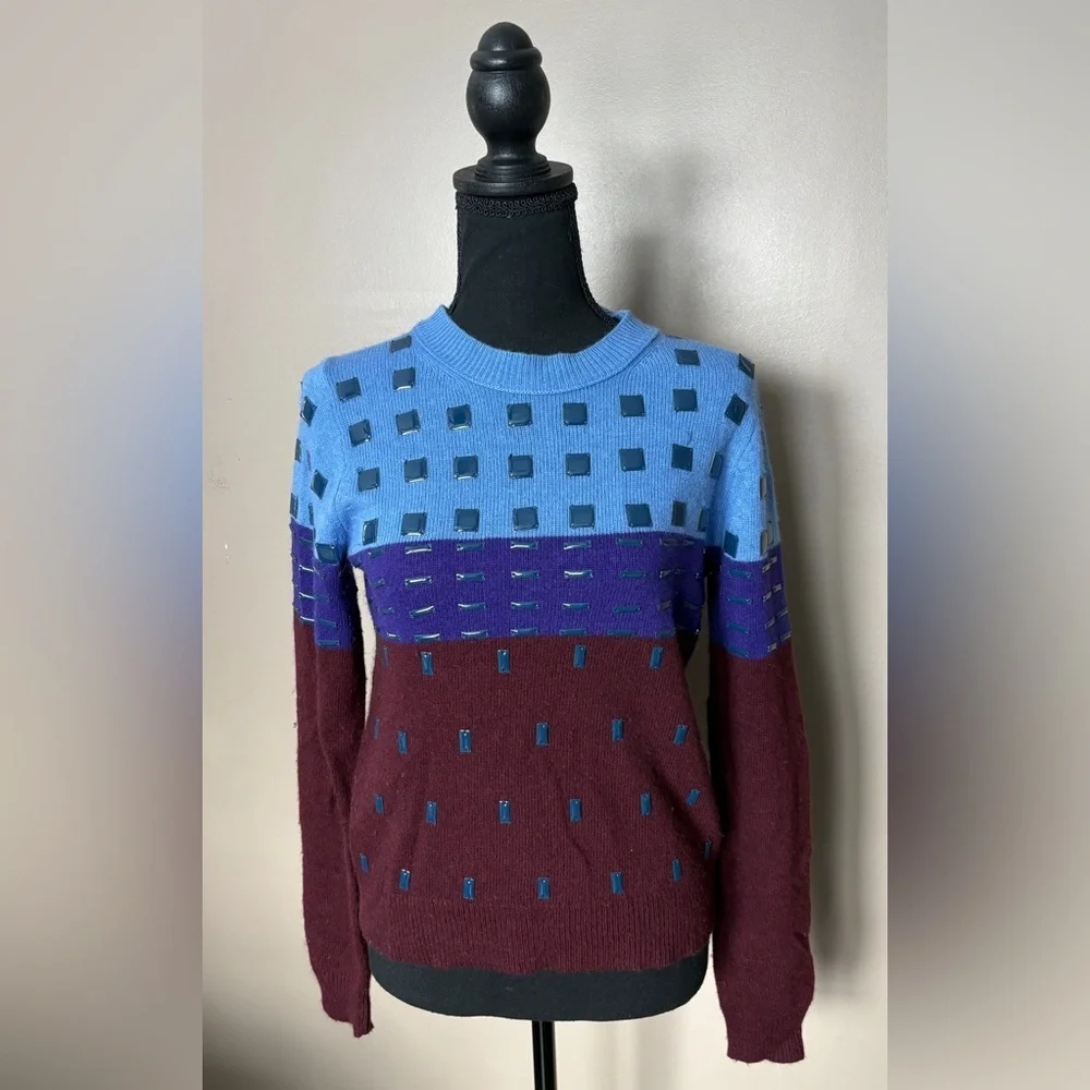 J. Crew black label color block embellished wool angora crew sweater sz S EUC